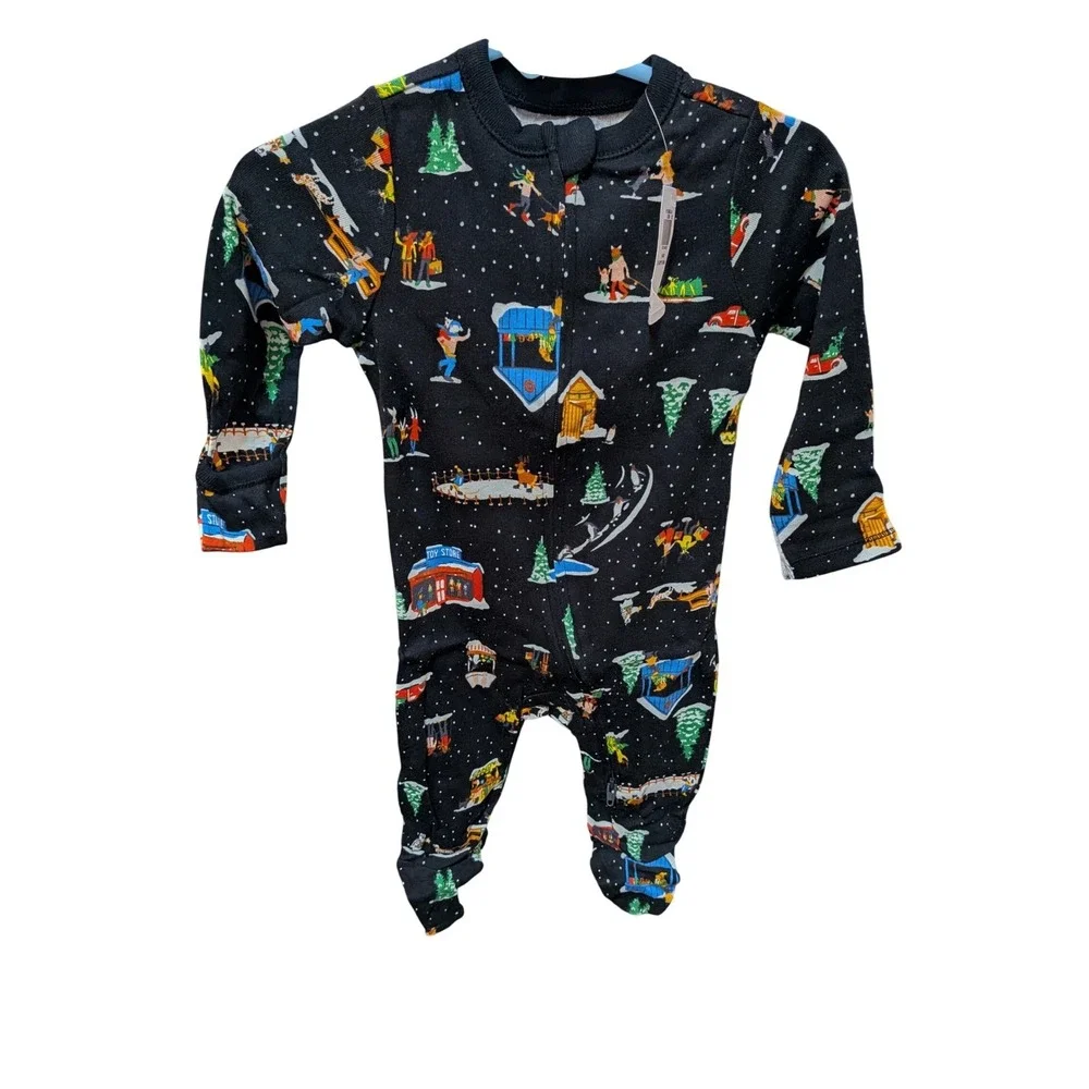 Old Navy Baby 6-9M Winter Village Footed Pajamas 2-Way Zipper Black Sleeper